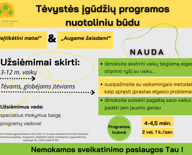 Kviečiame registruotis į nemokamas nuotolines tėvystės įgūdžių programas auginantiems 3-12 m. vaikus